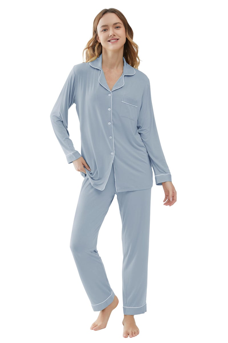 Joyaria Womens Bamboo Viscose Button Down/Up Pajama/Pj/Sleep Sets Sleepwear(Dusty Blue, Large) - Image 3